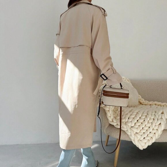 Khaki Elegant Women's Cinched Waist Double Breasted Mid-Length Trench Coat - Picture 5 of 8